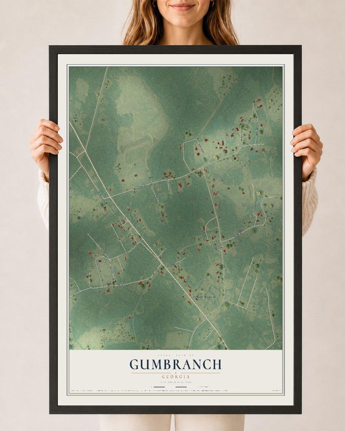 Gumbranch, Georgia map print, 24" x 36" W/ Black Ayous Wood Frame mockup