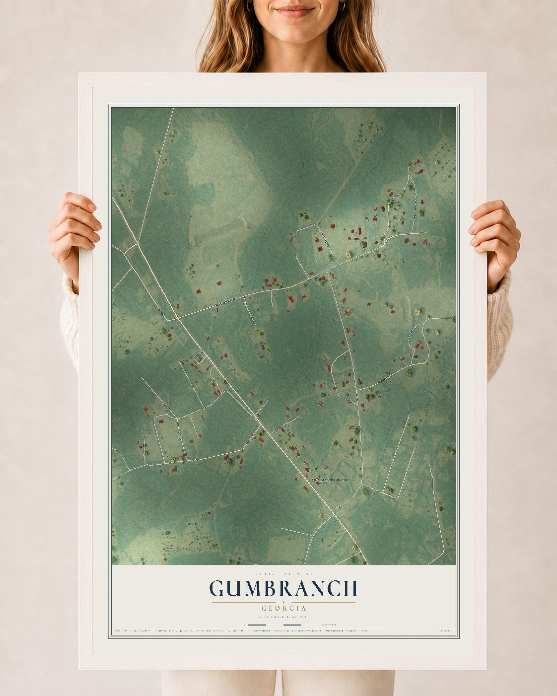 Gumbranch, Georgia map print, 24" x 36" W/ White Ayous Wood Frame mockup