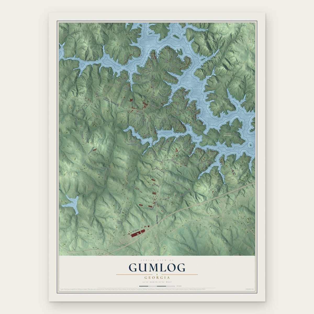 Gumlog, Georgia map print, the full design