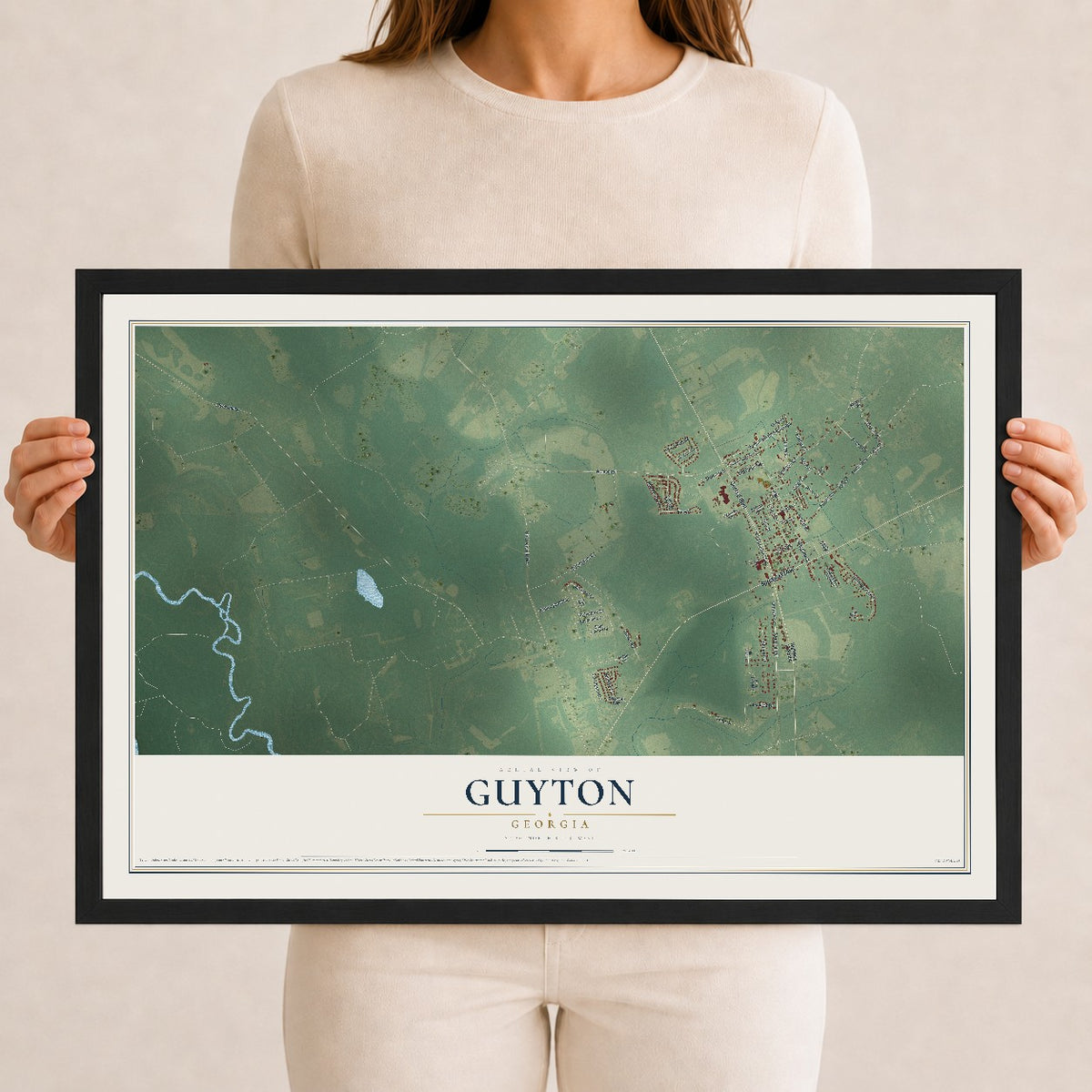 Guyton, Georgia map print, 12" x 18" W/ Black Ayous Wood Frame mockup