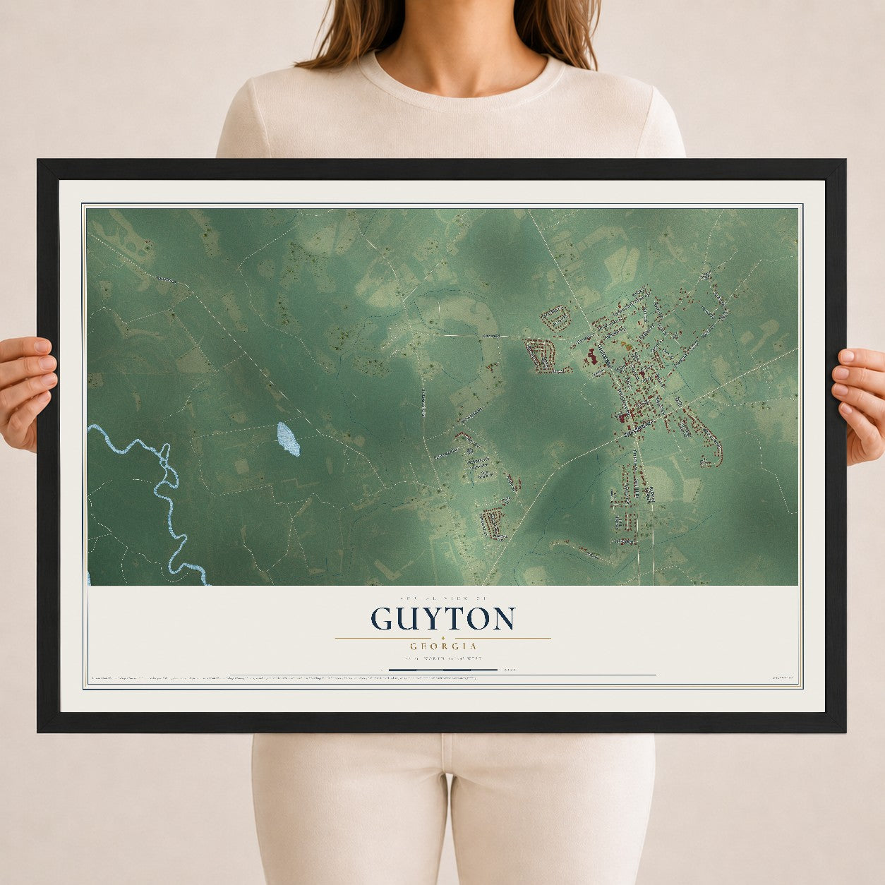 Guyton, Georgia map print, 18" x 24" W/ Black Ayous Wood Frame mockup