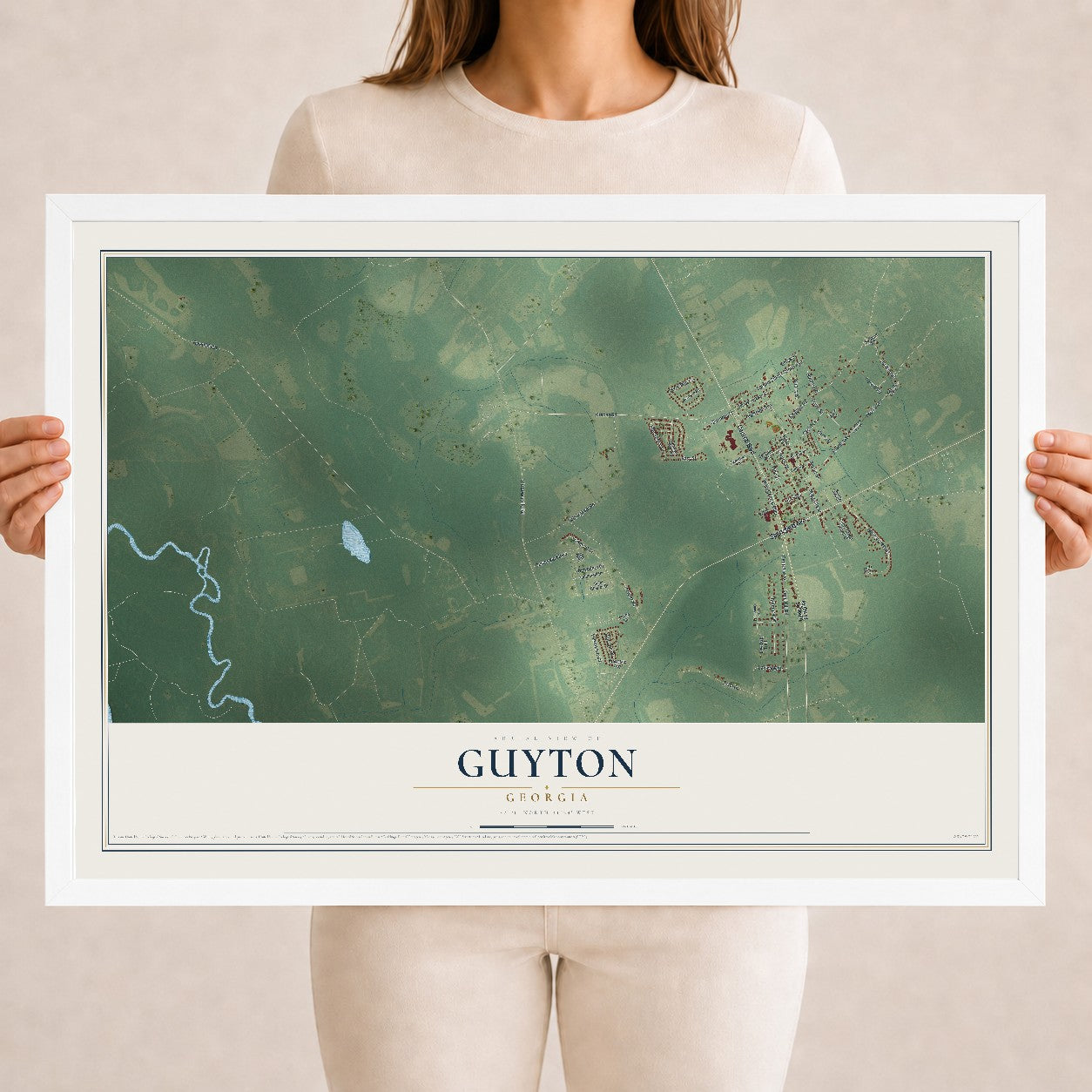Guyton, Georgia map print, 18" x 24" W/ White Ayous Wood Frame mockup