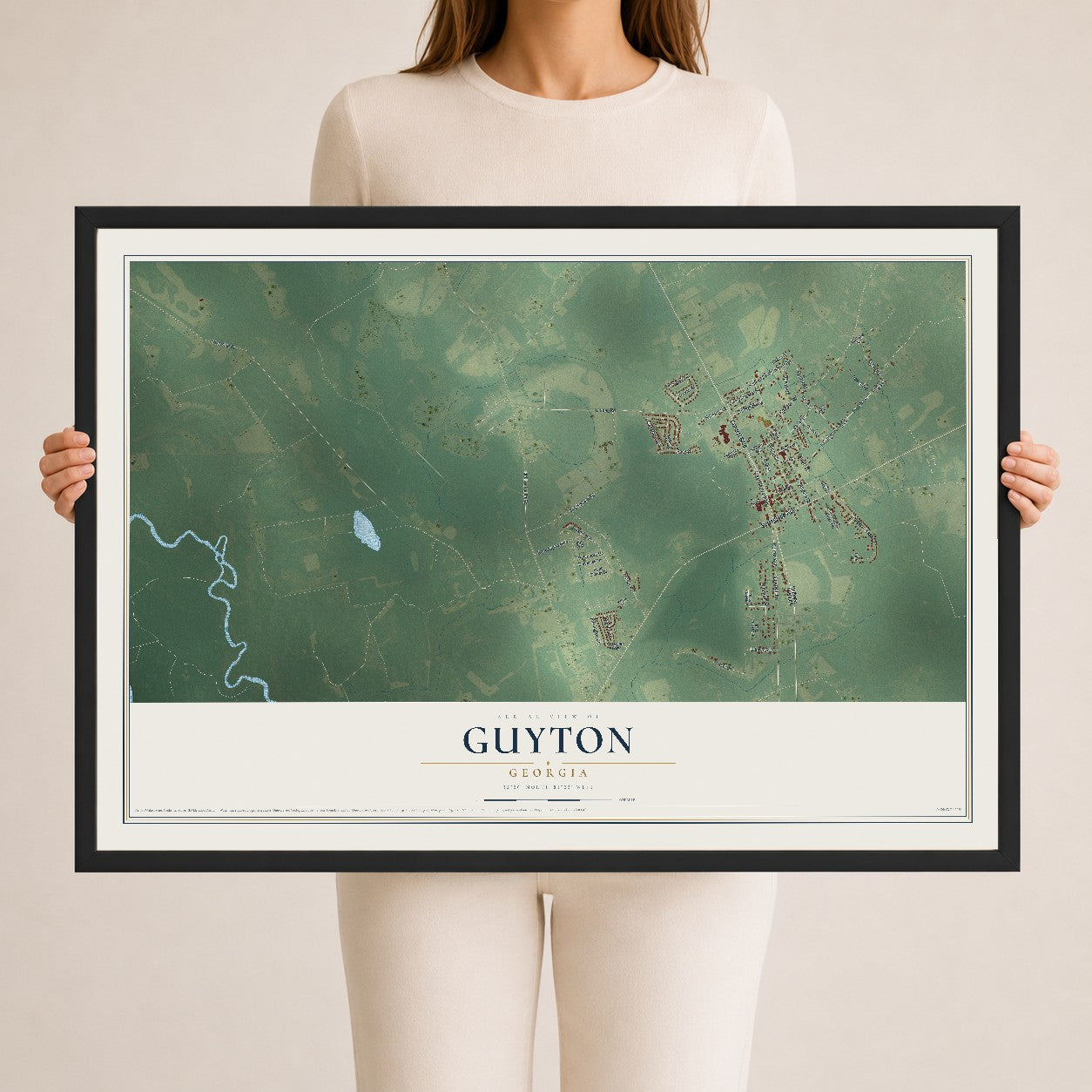 Guyton, Georgia map print, 24" x 36" W/ Black Ayous Wood Frame mockup