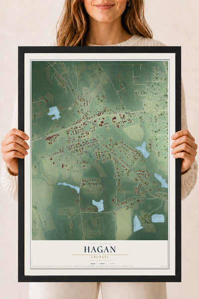 Hagan, Georgia map print, 18" x 24" W/ Black Ayous Wood Frame mockup