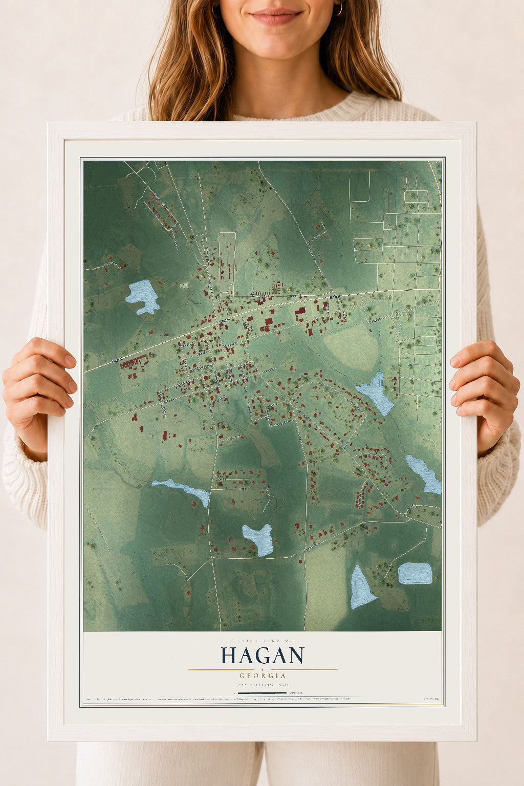 Hagan, Georgia map print, 18" x 24" W/ White Ayous Wood Frame mockup
