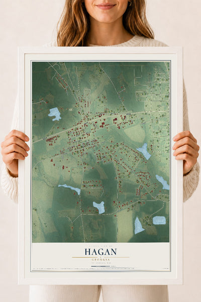 Hagan, Georgia map print, 18" x 24" W/ White Ayous Wood Frame mockup