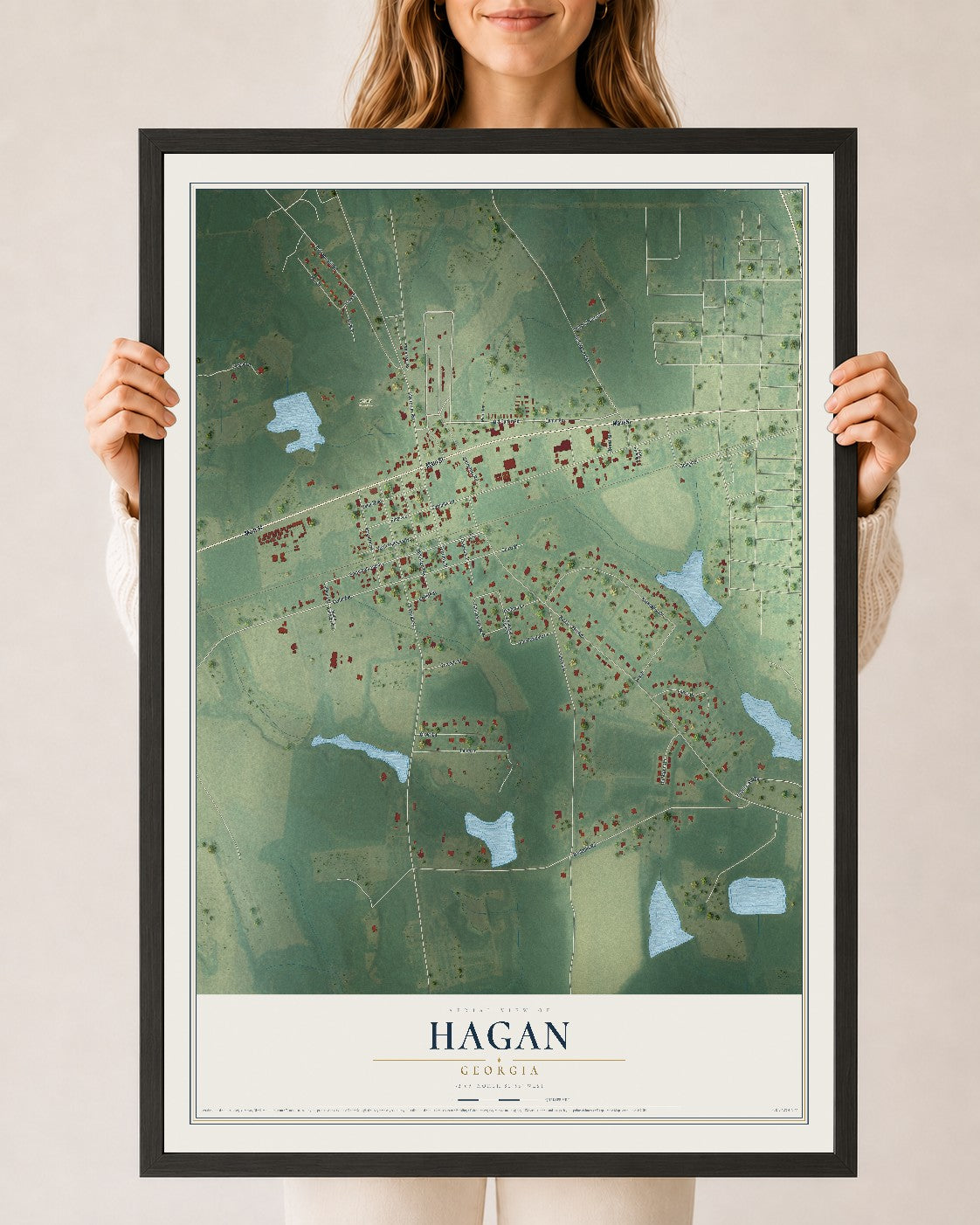 Hagan, Georgia map print, 24" x 36" W/ Black Ayous Wood Frame mockup