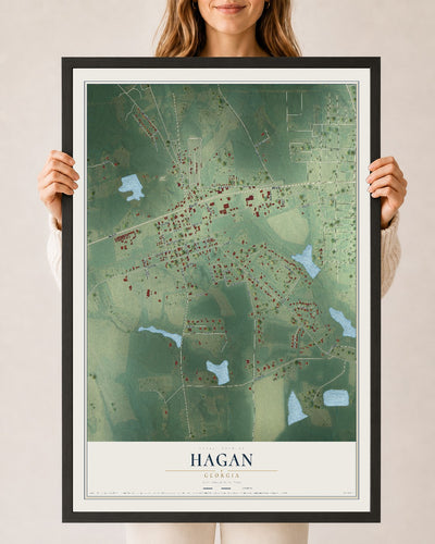 Hagan, Georgia map print, 24" x 36" W/ Black Ayous Wood Frame mockup