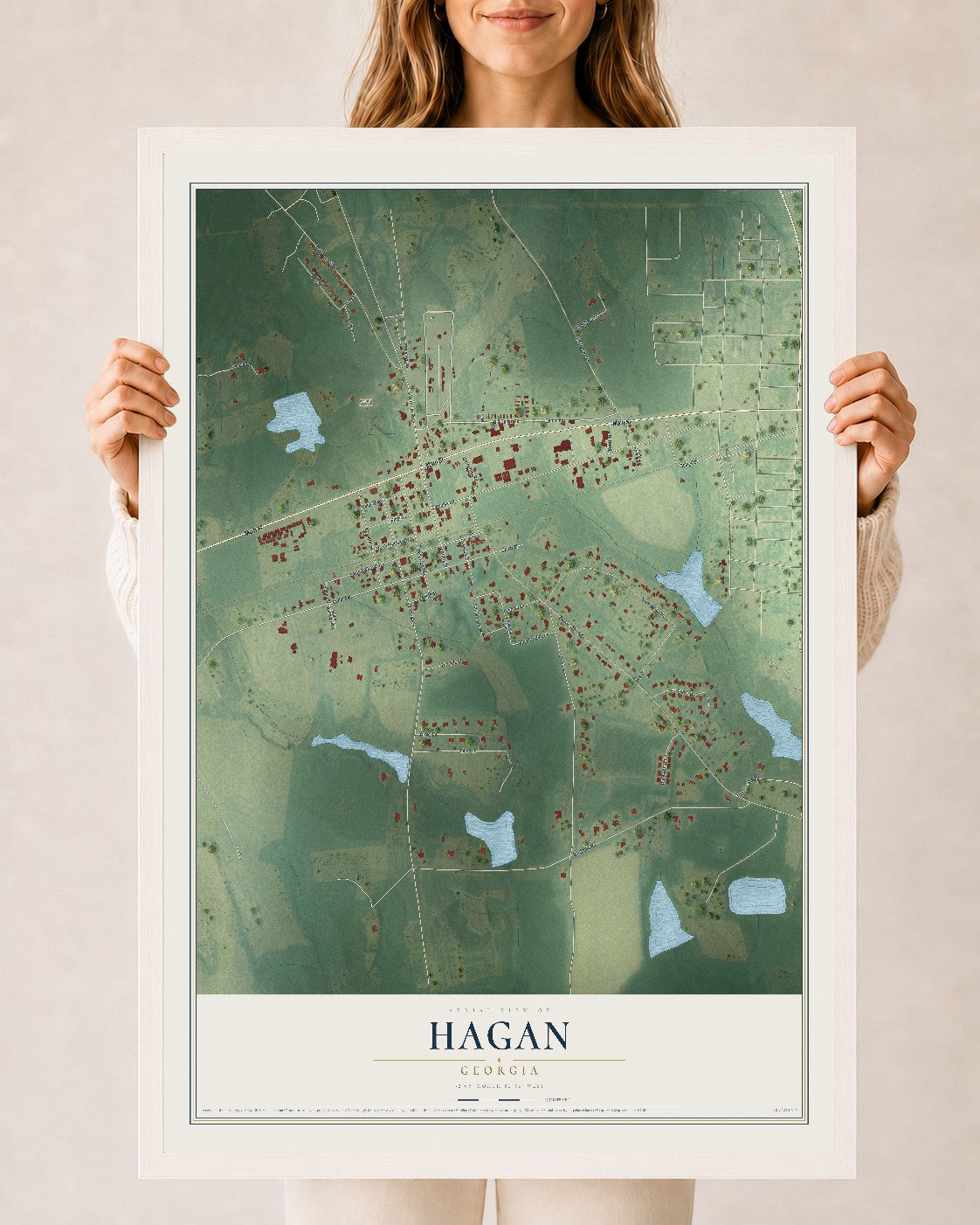 Hagan, Georgia map print, 24" x 36" W/ White Ayous Wood Frame mockup