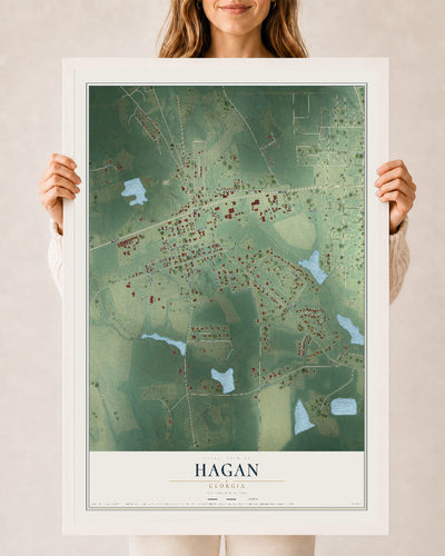 Hagan, Georgia map print, 24" x 36" W/ White Ayous Wood Frame mockup