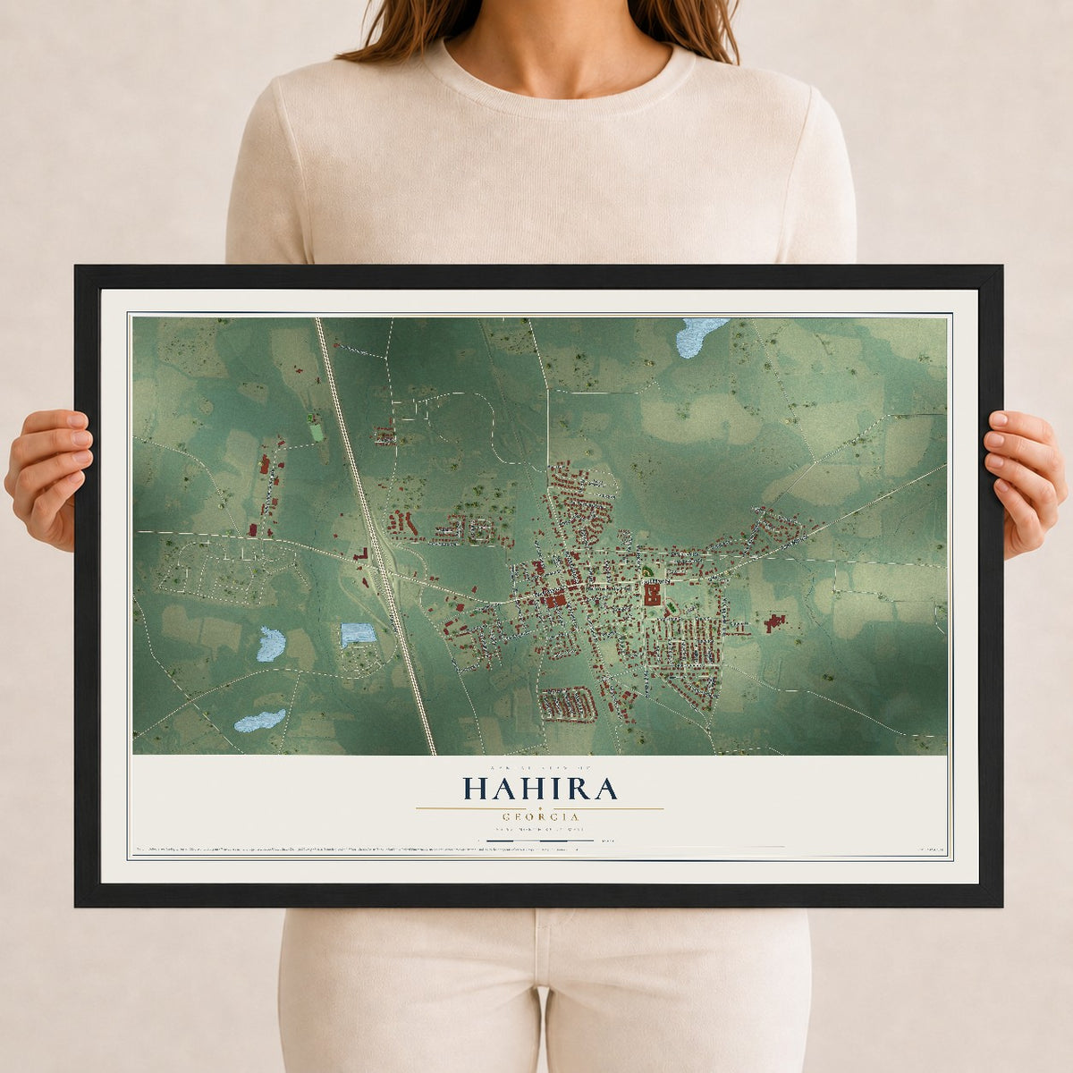 Hahira, Georgia map print, 12" x 18" W/ Black Ayous Wood Frame mockup