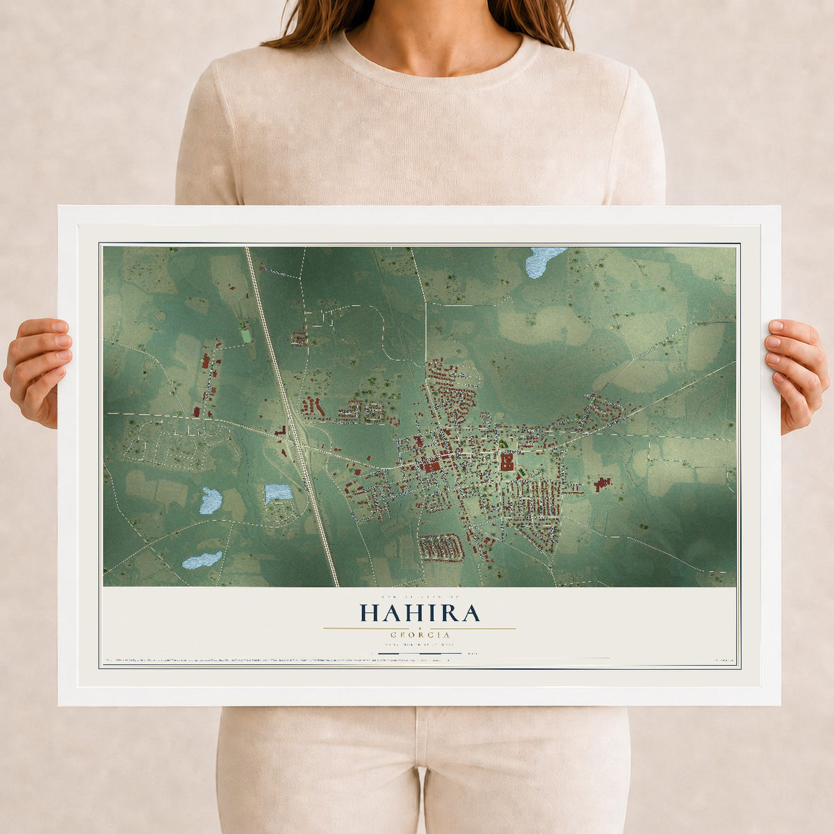 Hahira, Georgia map print, 12" x 18" W/ White Ayous Wood Frame mockup