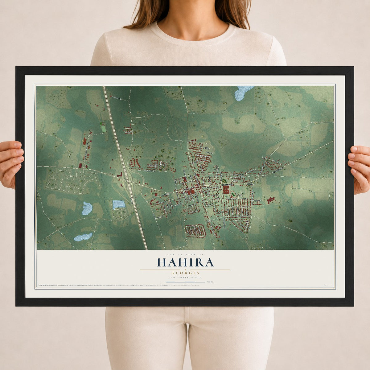 Hahira, Georgia map print, 18" x 24" W/ Black Ayous Wood Frame mockup