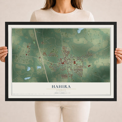 Hahira, Georgia map print, 18" x 24" W/ Black Ayous Wood Frame mockup