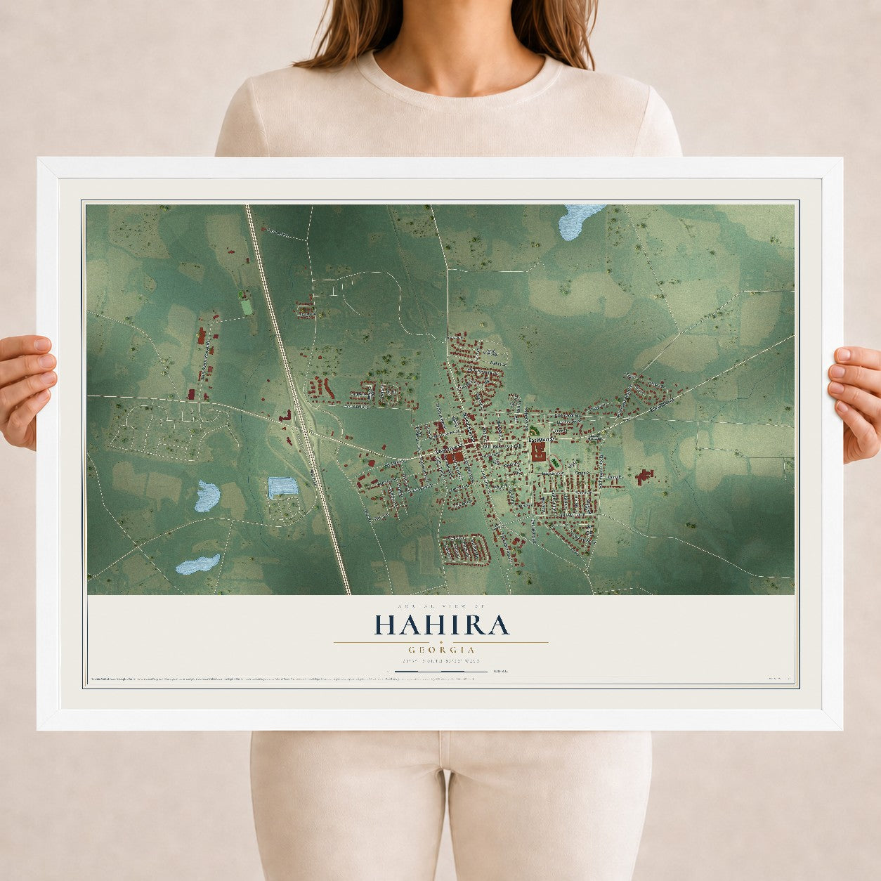 Hahira, Georgia map print, 18" x 24" W/ White Ayous Wood Frame mockup