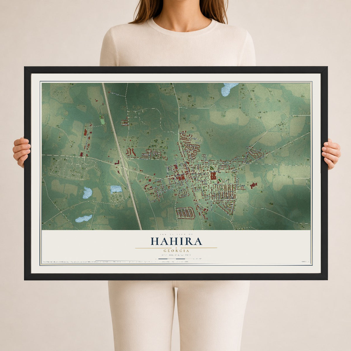 Hahira, Georgia map print, 24" x 36" W/ Black Ayous Wood Frame mockup