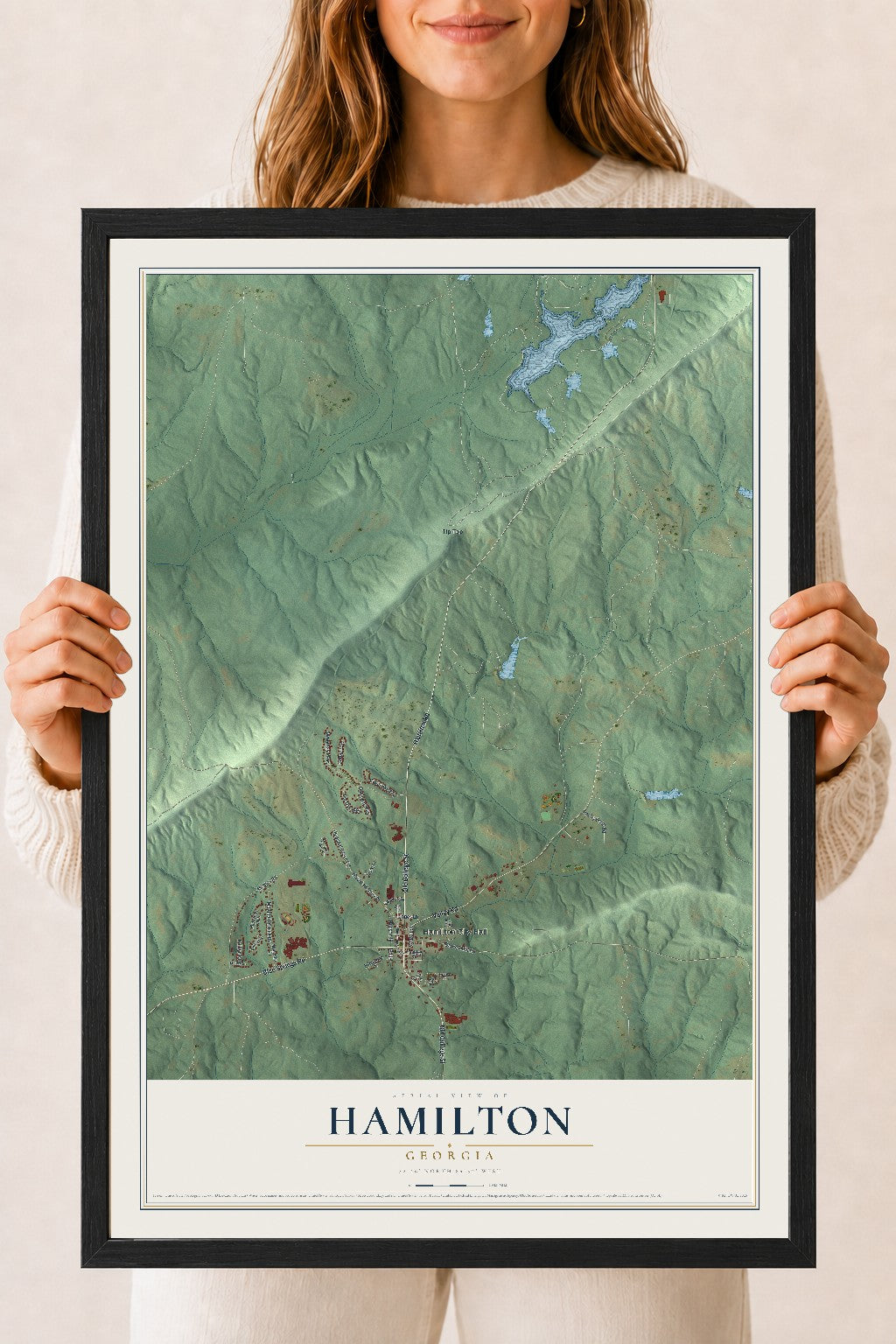 Hamilton, Georgia map print, 18" x 24" W/ Black Ayous Wood Frame mockup