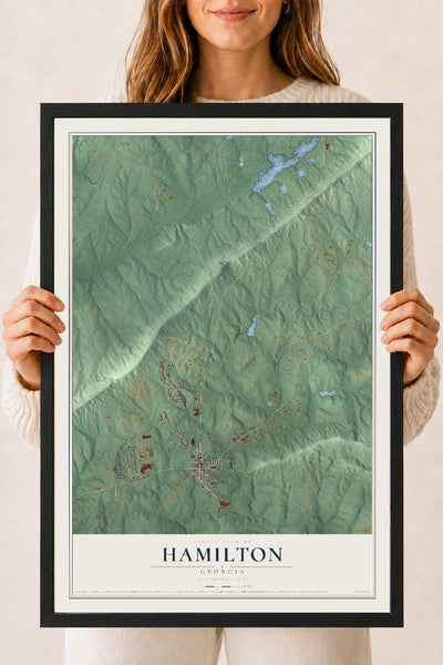 Hamilton, Georgia map print, 18" x 24" W/ Black Ayous Wood Frame mockup