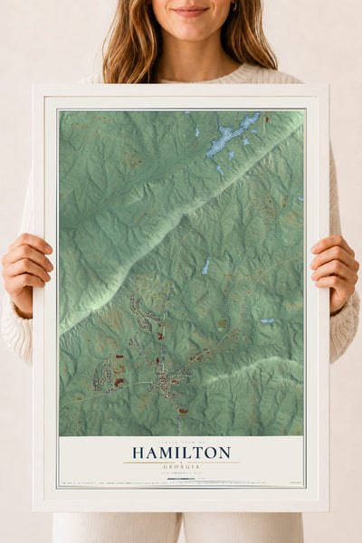 Hamilton, Georgia map print, 18" x 24" W/ White Ayous Wood Frame mockup