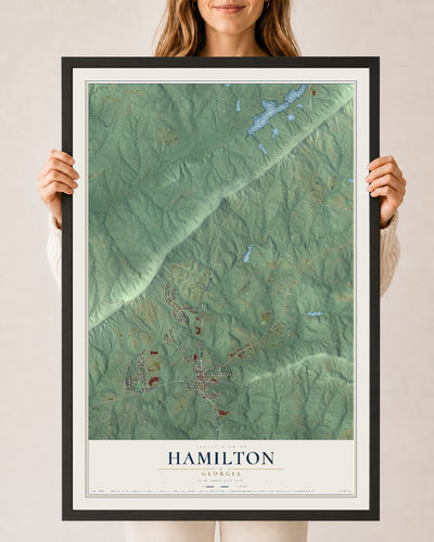 Hamilton, Georgia map print, 24" x 36" W/ Black Ayous Wood Frame mockup
