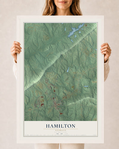 Hamilton, Georgia map print, 24" x 36" W/ White Ayous Wood Frame mockup