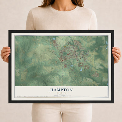 Hampton, Georgia map print, 12" x 18" W/ Black Ayous Wood Frame mockup
