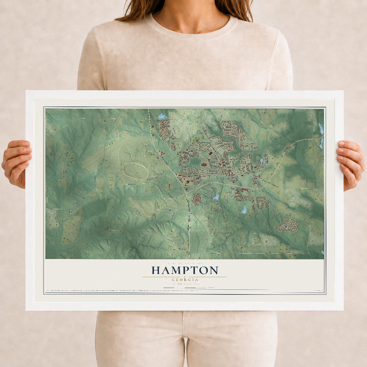 Hampton, Georgia map print, 12" x 18" W/ White Ayous Wood Frame mockup