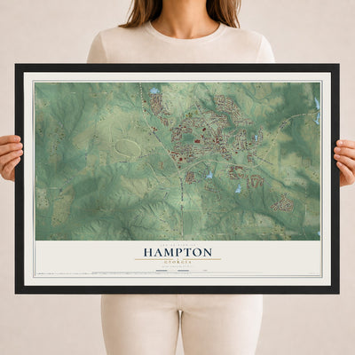 Hampton, Georgia map print, 18" x 24" W/ Black Ayous Wood Frame mockup