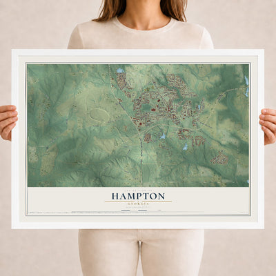 Hampton, Georgia map print, 18" x 24" W/ White Ayous Wood Frame mockup