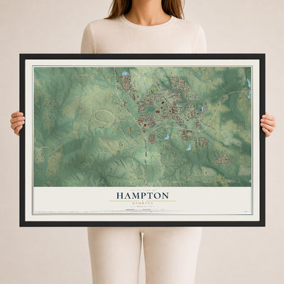 Hampton, Georgia map print, 24" x 36" W/ Black Ayous Wood Frame mockup