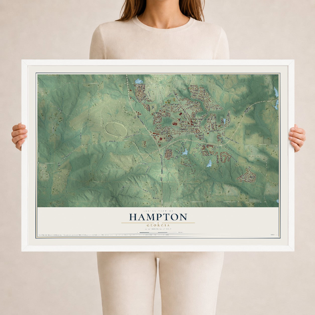 Hampton, Georgia map print, 24" x 36" W/ White Ayous Wood Frame mockup