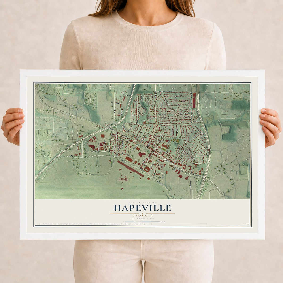 Hapeville, Georgia map print, 12" x 18" W/ White Ayous Wood Frame mockup