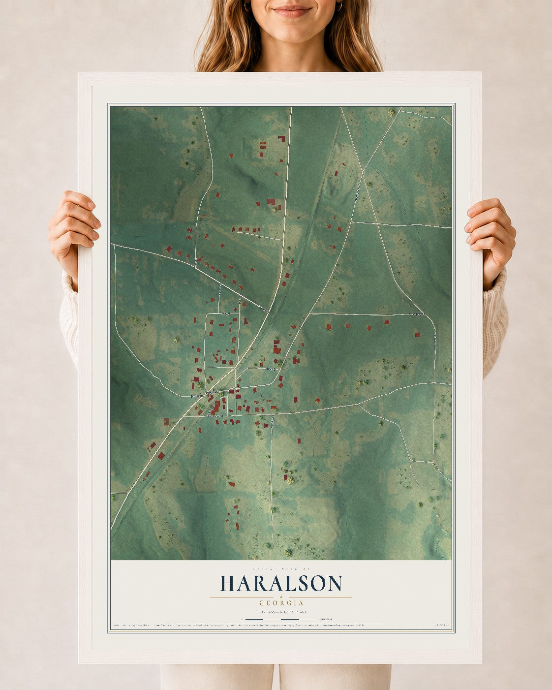 Haralson, Georgia map print, 24" x 36" W/ White Ayous Wood Frame mockup