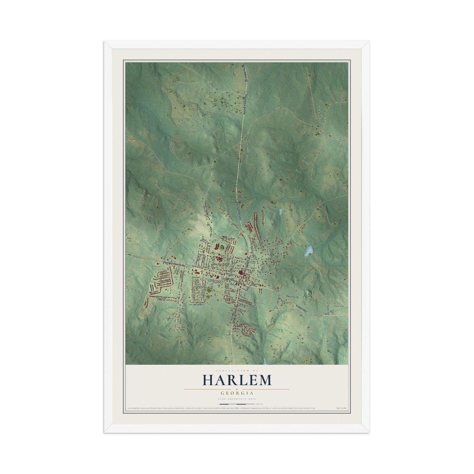 Harlem, Georgia map print, 12" x 18" W/ White Ayous Wood Frame mockup