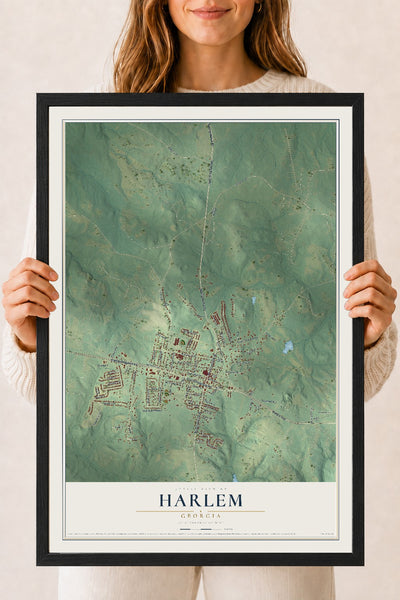 Harlem, Georgia map print, 18" x 24" W/ Black Ayous Wood Frame mockup