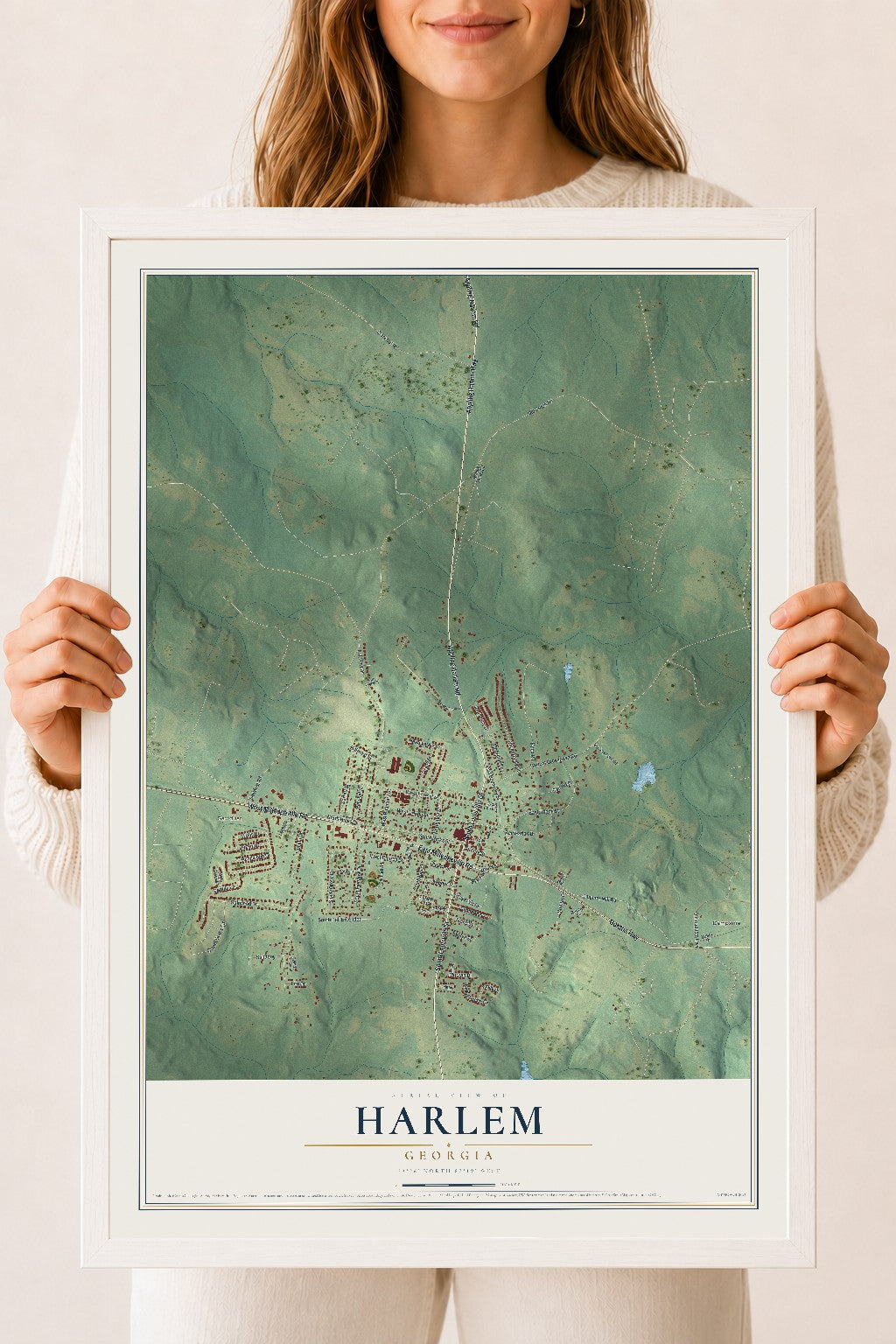 Harlem, Georgia map print, 18" x 24" W/ White Ayous Wood Frame mockup