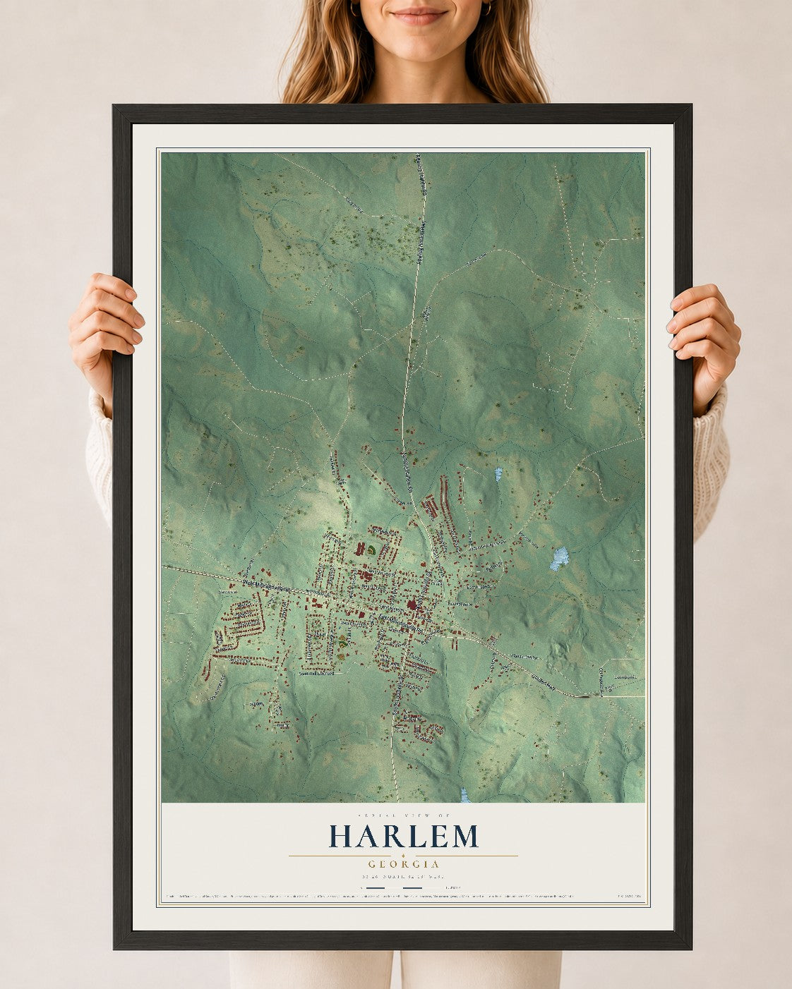 Harlem, Georgia map print, 24" x 36" W/ Black Ayous Wood Frame mockup