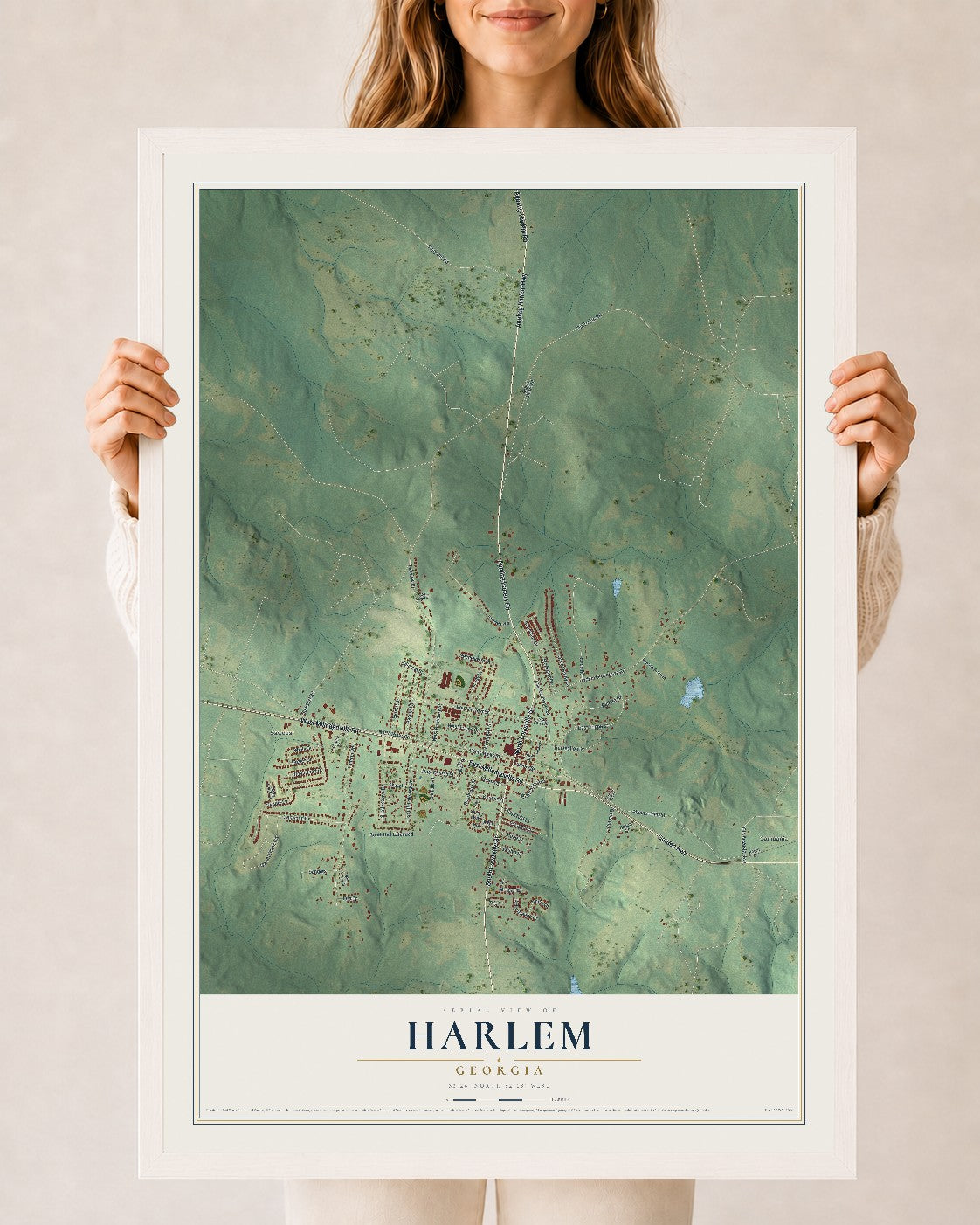 Harlem, Georgia map print, 24" x 36" W/ White Ayous Wood Frame mockup