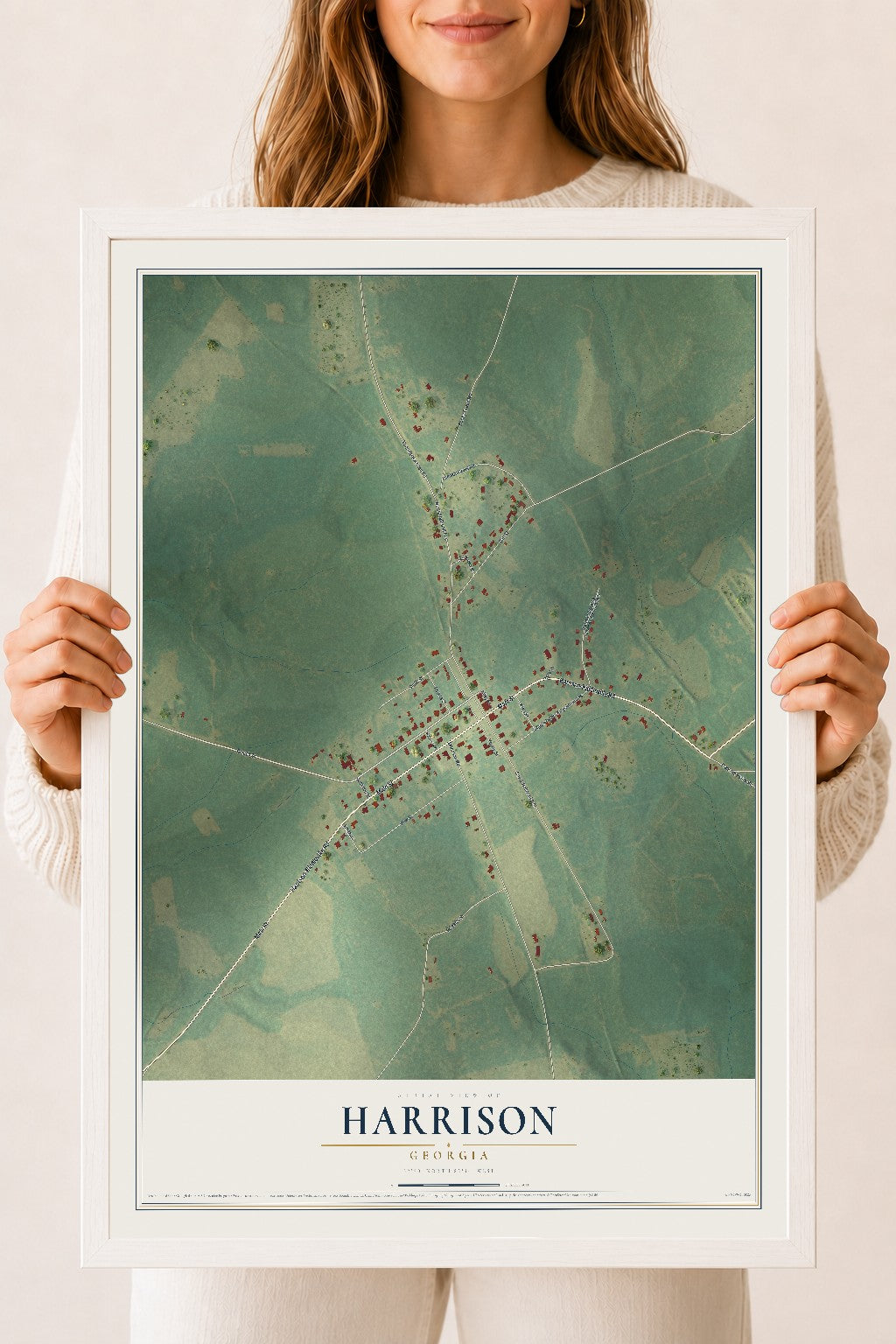 Harrison, Georgia map print, 18" x 24" W/ White Ayous Wood Frame mockup