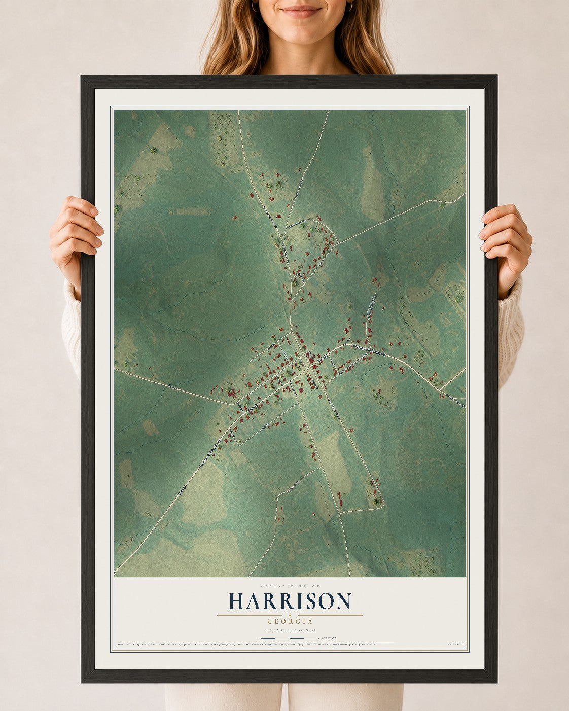 Harrison, Georgia map print, 24" x 36" W/ Black Ayous Wood Frame mockup