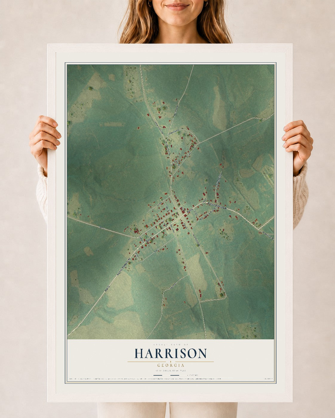 Harrison, Georgia map print, 24" x 36" W/ White Ayous Wood Frame mockup
