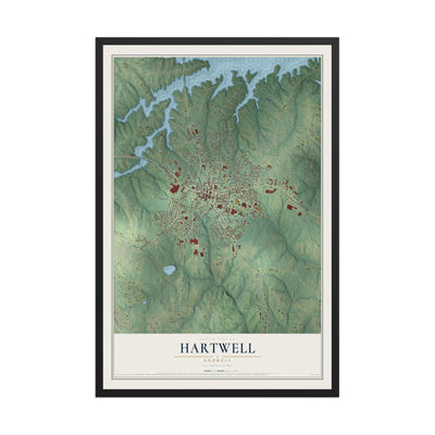 Hartwell, Georgia map print, 12" x 18" W/ Black Ayous Wood Frame mockup
