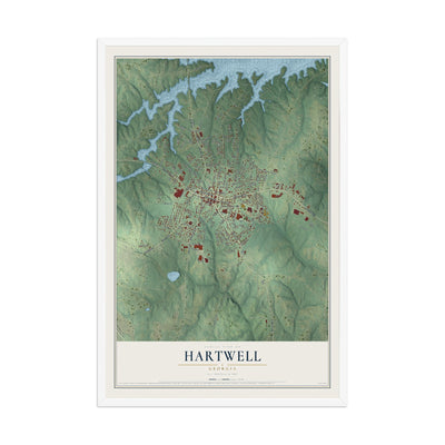 Hartwell, Georgia map print, 12" x 18" W/ White Ayous Wood Frame mockup