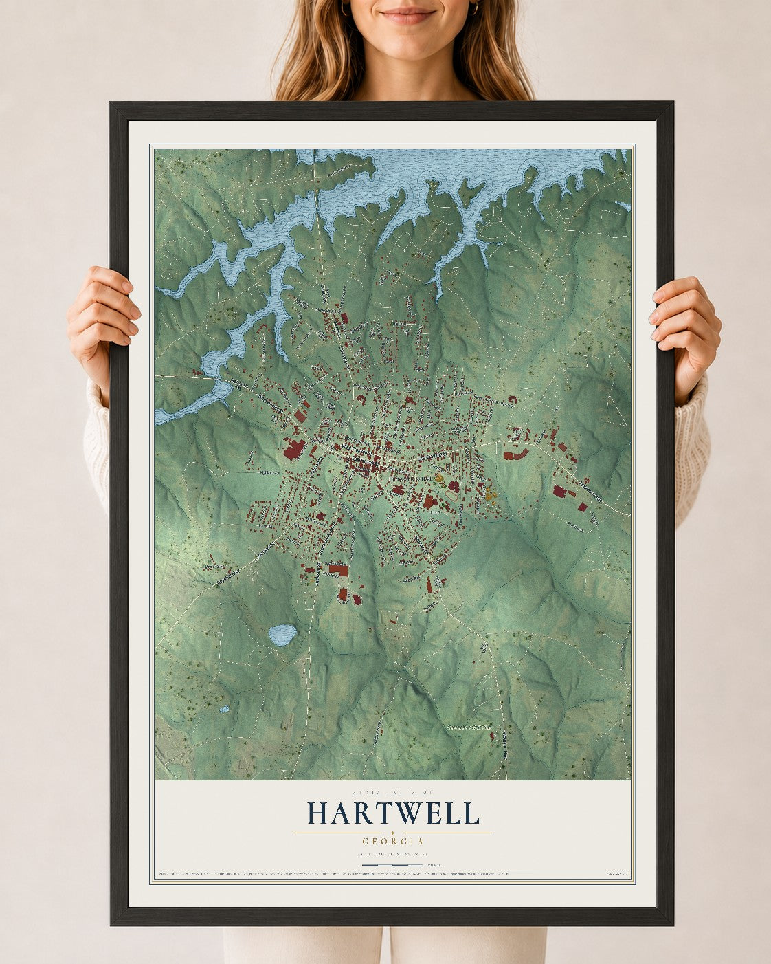 Hartwell, Georgia map print, 24" x 36" W/ Black Ayous Wood Frame mockup