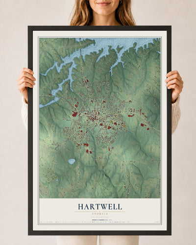 Hartwell, Georgia map print, 24" x 36" W/ Black Ayous Wood Frame mockup