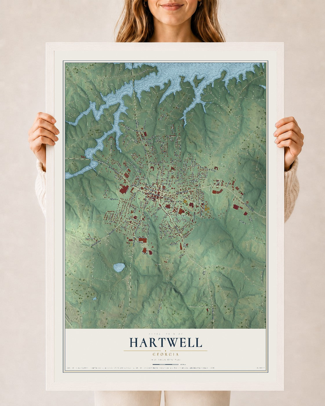 Hartwell, Georgia map print, 24" x 36" W/ White Ayous Wood Frame mockup