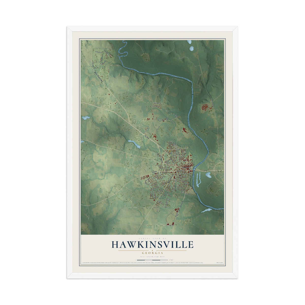 Hawkinsville, Georgia map print, 12" x 18" W/ White Ayous Wood Frame mockup