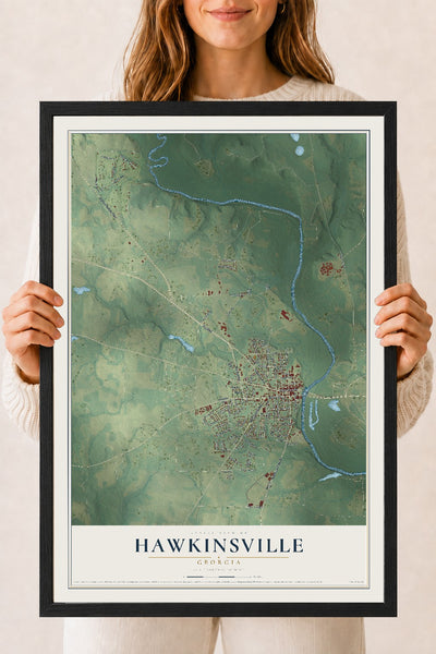 Hawkinsville, Georgia map print, 18" x 24" W/ Black Ayous Wood Frame mockup