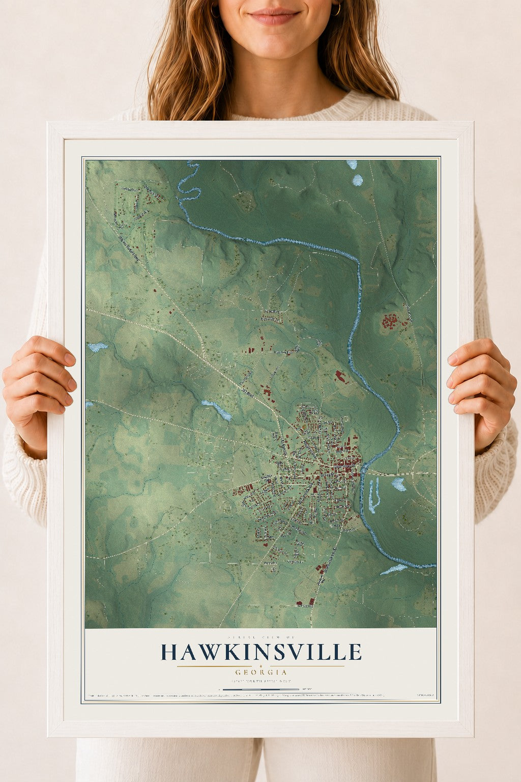 Hawkinsville, Georgia map print, 18" x 24" W/ White Ayous Wood Frame mockup