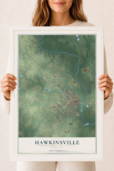 Hawkinsville, Georgia map print, 18" x 24" W/ White Ayous Wood Frame mockup